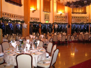 Dining tables laid up for the New Year's Eve "Black & White" Dinner Dance